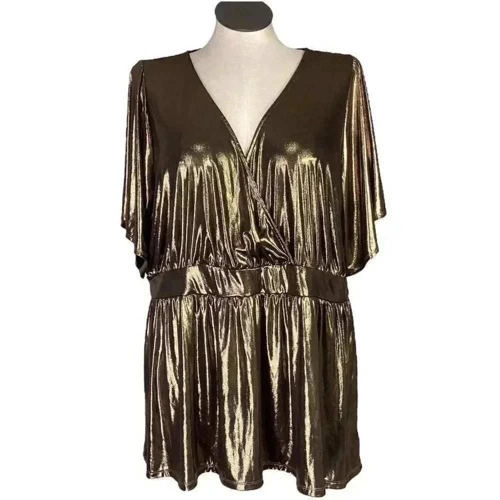 Torrid Womens 4X Liquid Shine Surplice Peplum Top Gold Stretch Short Sleeves